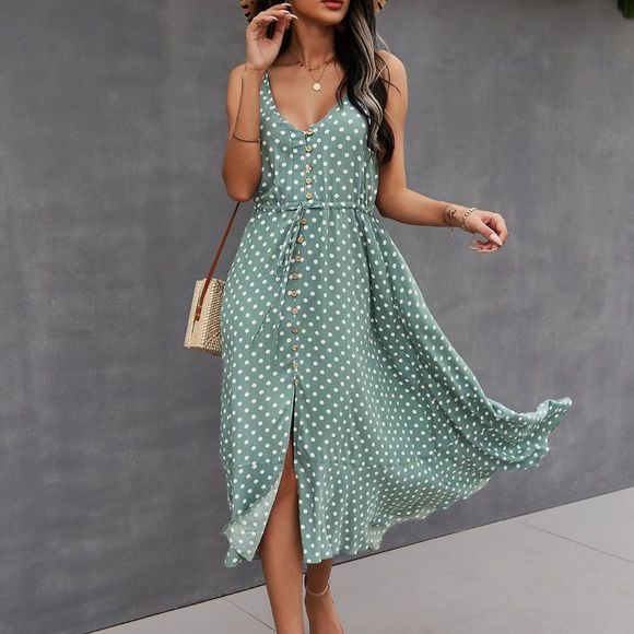 Dresses & Skirts - New Button Through Drawstring Waist Polka Dot Cami Dress Mint Green 226